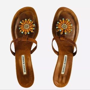 Manolo Blahnik Chestnut Brown Kitten Heel Thong Sandal With Beading!!